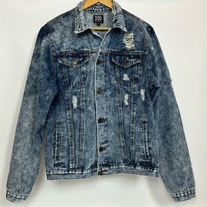 Rebel Star Distressed Jean Jacket Womens Large‎ Faded Button Up Denim Rock RETRO